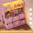 thumbnail image 3 of Plonmago Bunk Bed Twin Over Twin with 6 Large Fabric Drawers & 4 Storage Bookshelf, Metal Low Bunk Bed with LED Lights & Ladder,13.5"Guardrail, Space Saving,Pink, 3 of 9