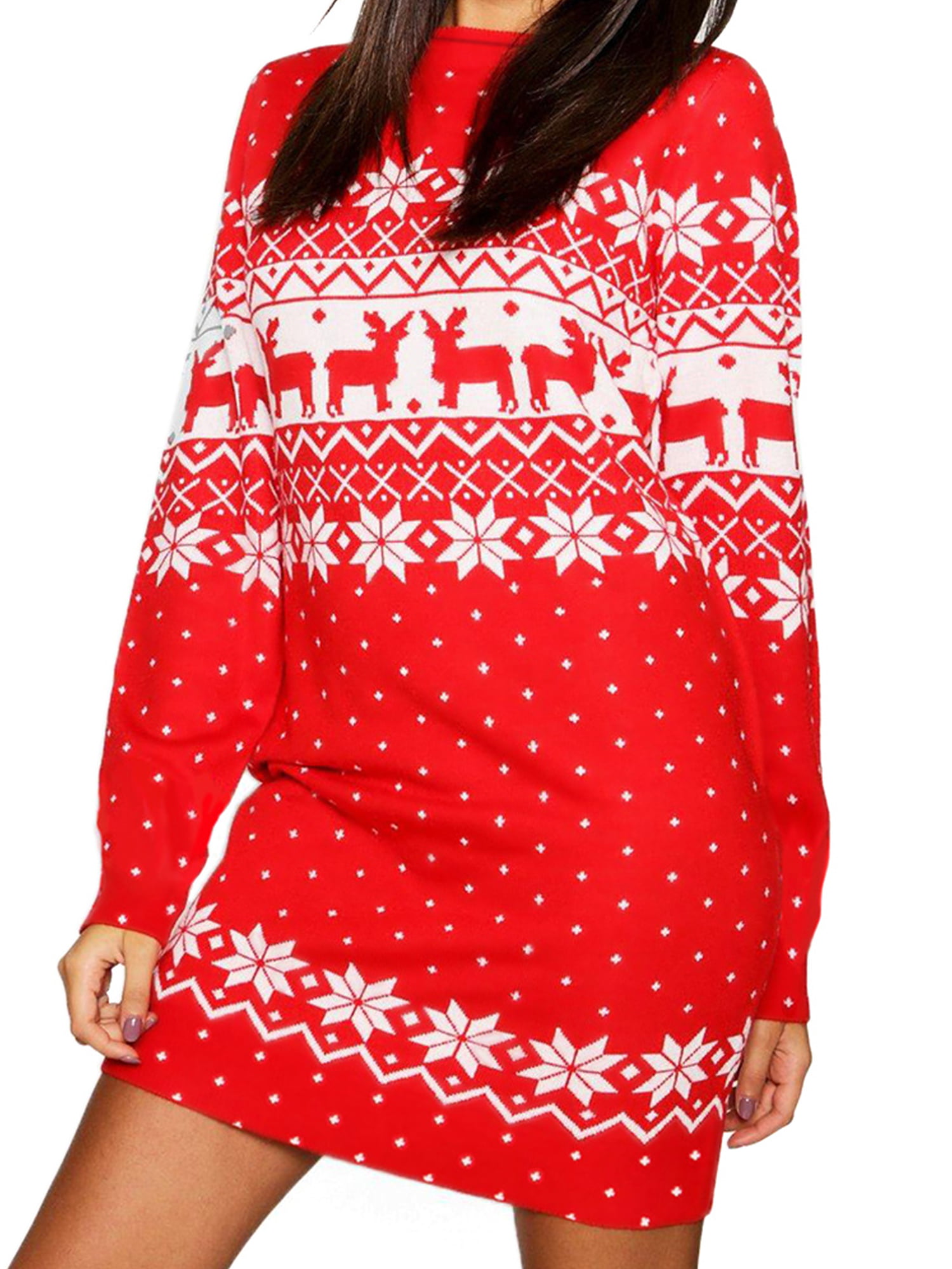 Fashion Star Womens Christmas Sweatshirt Ladies Xmas Two Reindeer Print Fleece Knitted Long Dress Long Sleeve Jumper Oversized Baggy Mini Dress Top