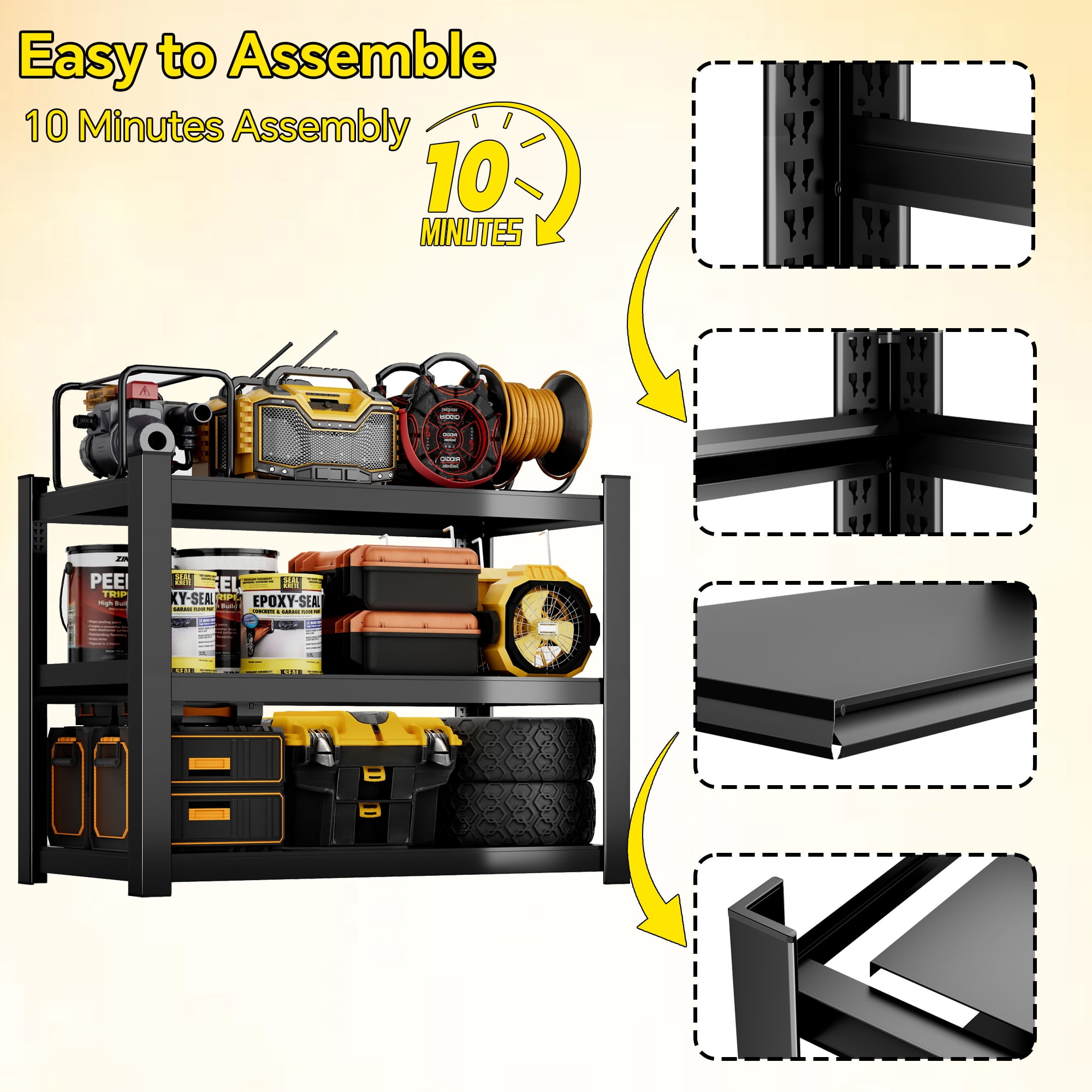 3-Tier Heavy-Duty Adjustable Metal Garage Storage Shelving Unit, 36" x 36" x 16", Black