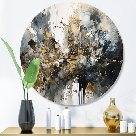 Designart "Delicate Brushstrokes Grey and Gold V" Abstract Marble Metal Round Art Living Room