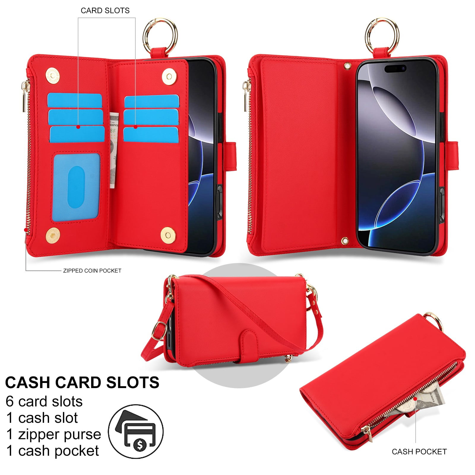 ELEHOLD For iPhone 13 Pro Max Phone Case Leather Crossbody Zipper Card Wallet Flip Case Kickstand Cover, with Ring Holder,Full Body Protection-Red