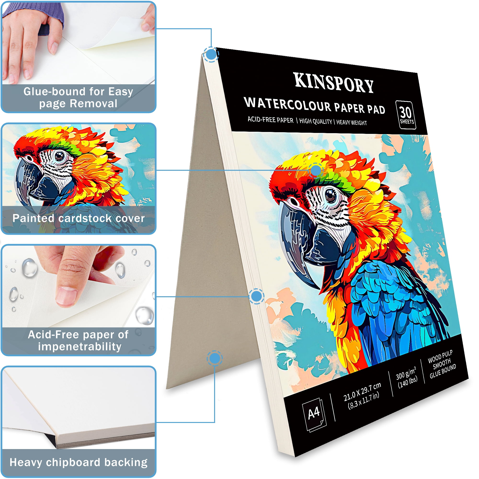 KINSPORY Watercolor Paper Pad, 2-Pack, A4, 30 Sheets, 140lb/300gsm, Painting Sketchbook for Artists, Adults, Kids
