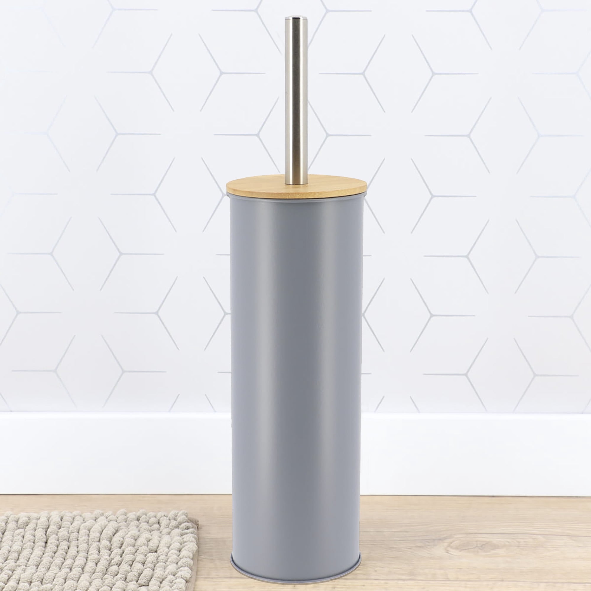 Gray Metal Toilet Brush and Holder Set With Bamboo Lid