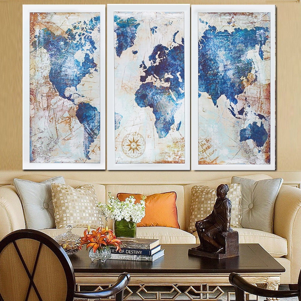 3pcs World Map Modern Wall Art Oil Canvas Painting Print Home Wall Art Oil Canvas Painting