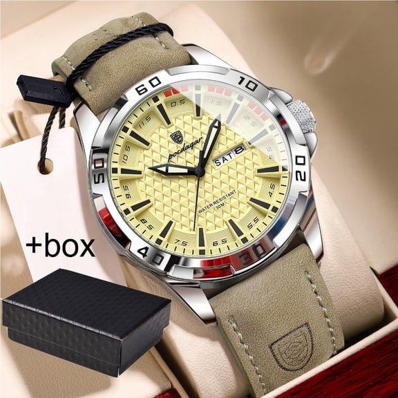 POEDAGAR Mens Sport Leather Quartz Watch Luminous Hands Date Week Display Waterproof Casual Daily Wristwatch For Men