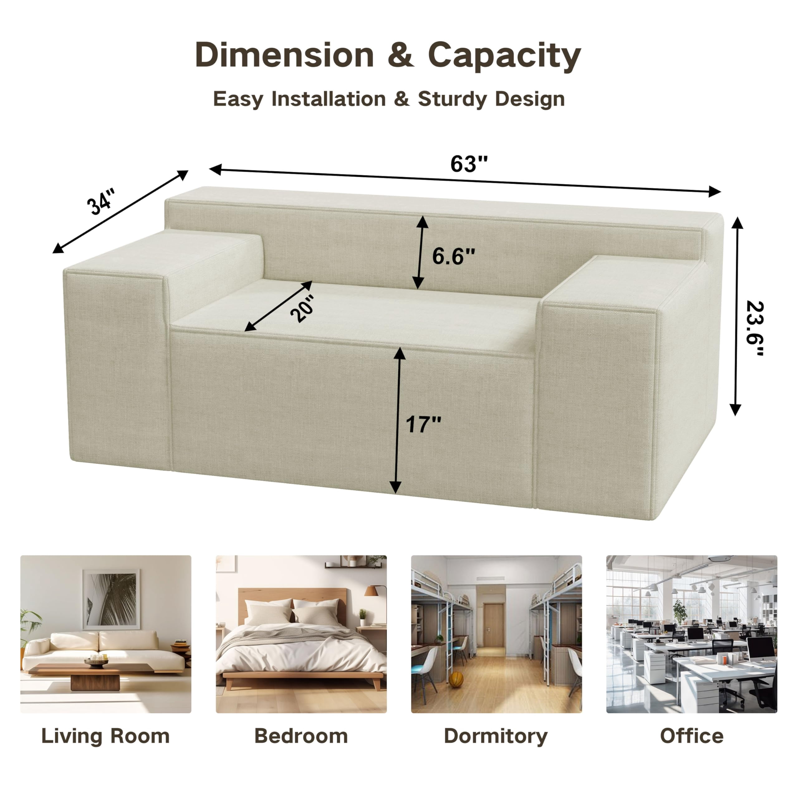 Modern Loveseat, Sofa Couch in a Box, No Assembly Needed, with 2 Pillows, Cat-Scratch Resistant Linen,Small Sofa for for Small Space, Living Room, Bedroom,Beige