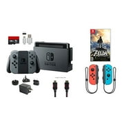 Angle View: Nintendo Switch Bundle (7 items): 32GB Console Gray Joy-con, 128GB Micro SD, Joy-Con (L/R)-Neon Red/Neon Blue, The Legend of Zelda: Breath of the Wild, Type C Cable, Wall Charger