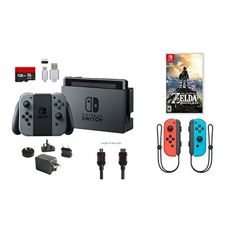 Nintendo Switch Bundle (7 items): 32GB Console Gray Joy-con, 128GB Micro SD, Joy-Con (L/R)-Neon Red/Neon Blue, The Legend of Zelda: Breath of the Wild, Type C Cable, Wall Charger