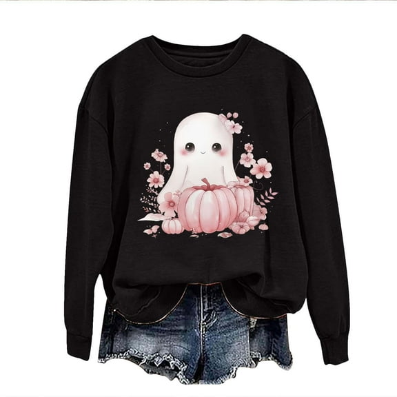 Raeneomay Long Sleeve Shirts for Women Round Neck Halloween Printed SweatShirt Long Sleeved Top SweatShirt Hooded SweatShirt