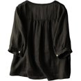 thumbnail image 1 of Womens Summer Tops 5 Short Women's Linen Round Boxy Top Patchwork Blouses Long Sleeve Fitted, 1 of 6