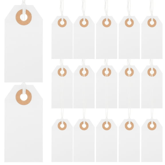 HERFIER 100Pcs Paper Blank Hanging Tags Label Tags with String and Hole for Jewelry Clothes Small Business 2.75x1.38x0.04in