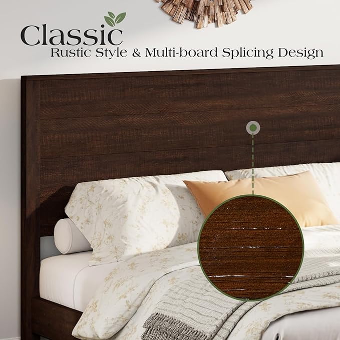 VanAcc Full Size Wood Platform Bed, Rustic Bed Frame with 51.2" Tall Slatted Headboard, Wooden Slats & Metal Support, Noise Free, Dark Brown