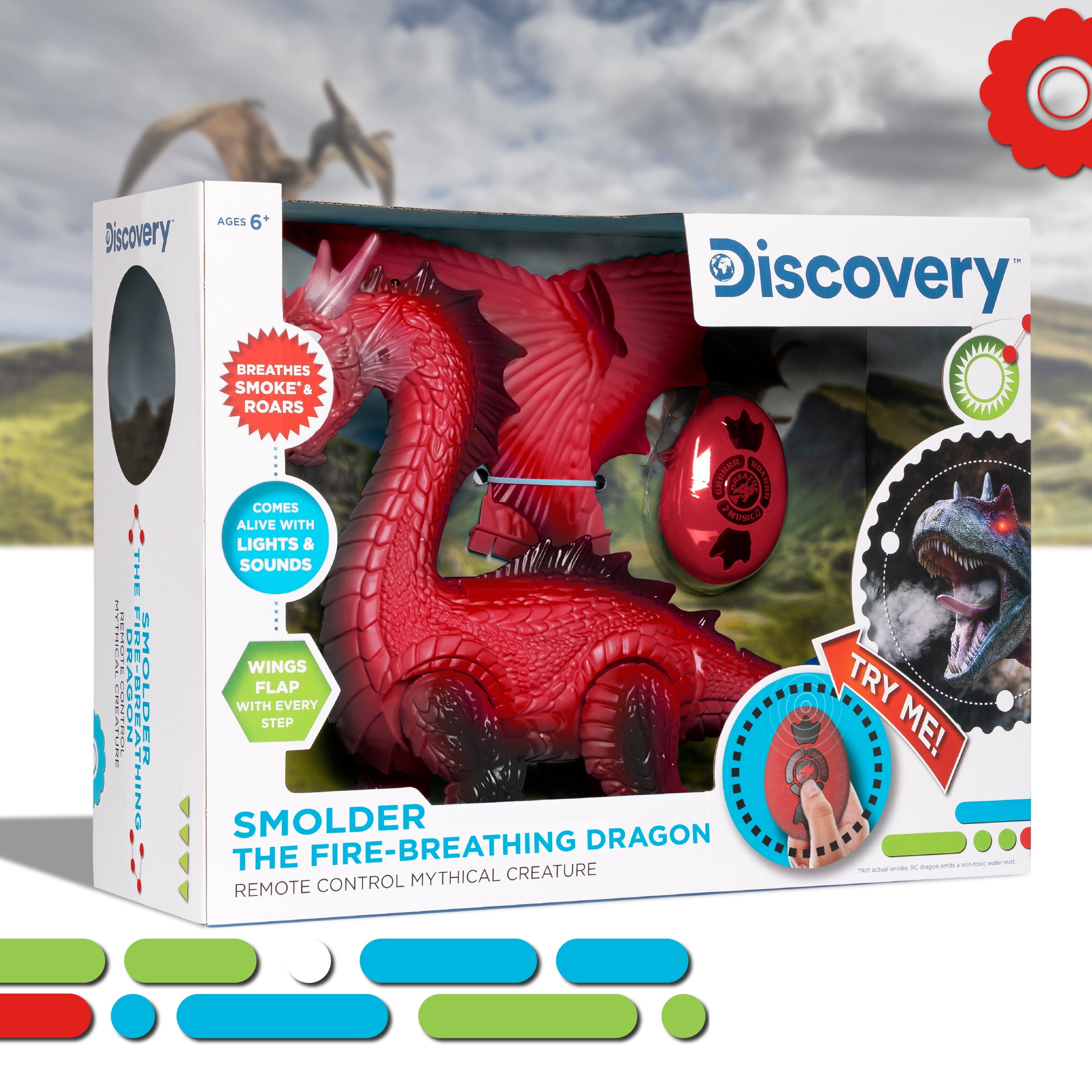 Discovery™ RC Dragon Smoke Breathing Pet Toy, Infrared Remote-Controlled Walking and Flapping Wings, Light Up Dragon Roars and Growls