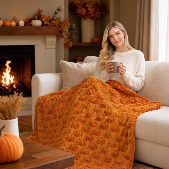 Fall Orange Pumpkin Blanket – 31×47 inch Soft Cozy Throw with Allover Pumpkin Print, Autumn Home Decor for Couch, Fall Season Gift