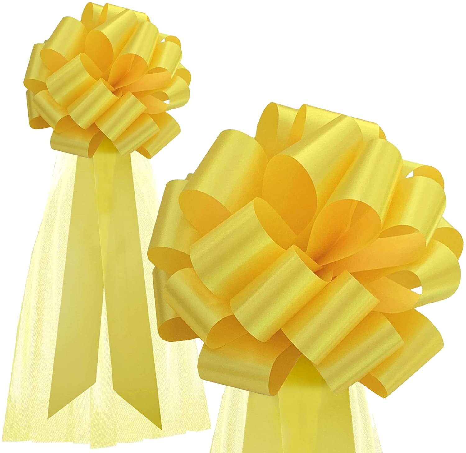Large Yellow Wedding Pull Bows with Long Tulle Tails - 9" Wide, Set of 6, Easter, Summer Decor, School Dance, Birthday, Support Our Troops Ribbon, Fundraiser