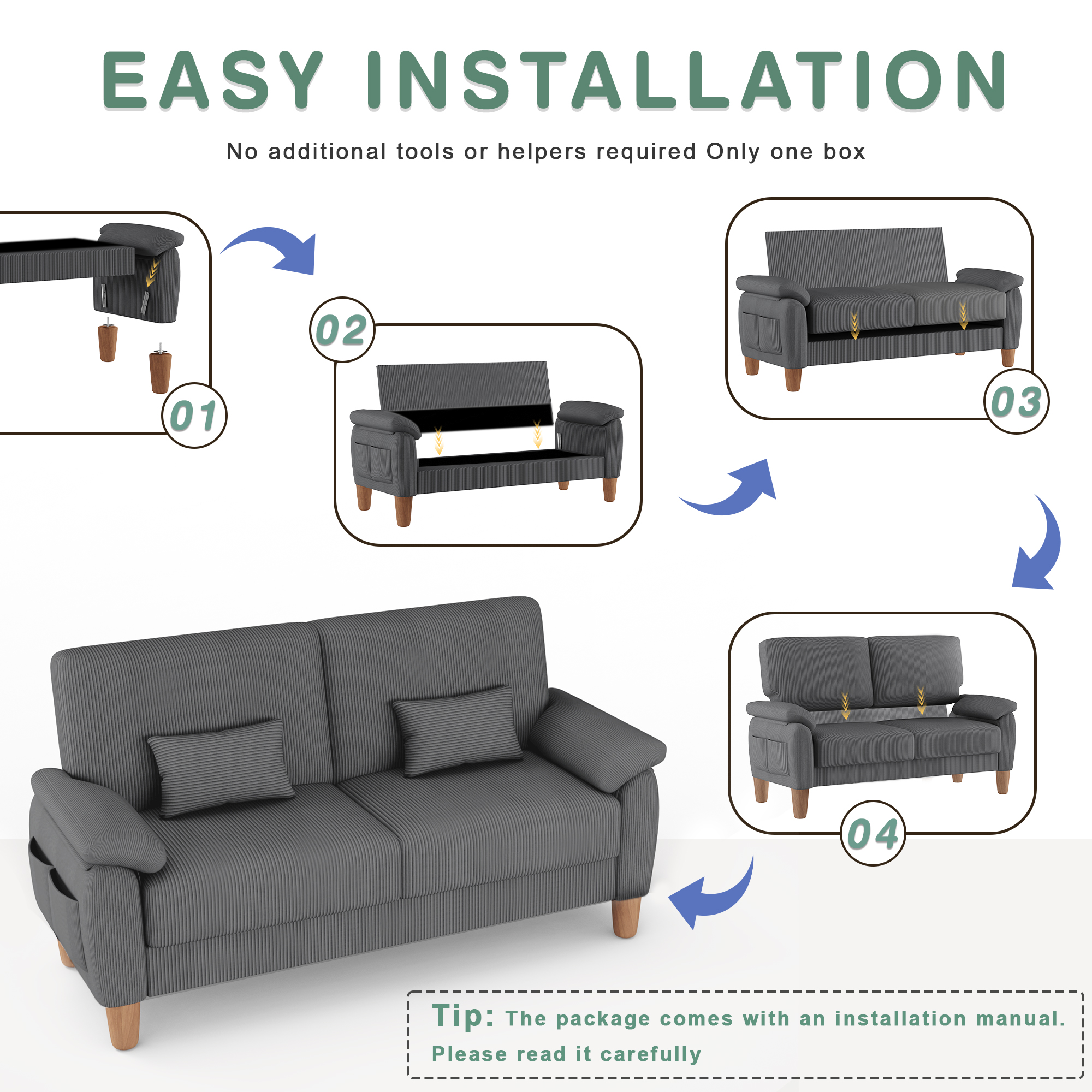 71” Corduroy Sofa for Living Room, AAQZ Small Comfy Couch for Small Space, One Box, Loveseat,Gray