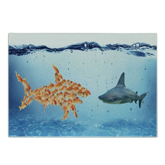 Goldfish Cutting Board, Goldfishes Teaming up Against a Shark Underwater Unity is Strength Concept Art, Decorative Tempered Glass Cutting and Serving Board, in 3 Sizes, by Ambesonne