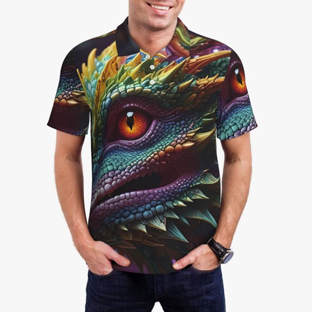 Fotbe Colorful Dragon Head Profile Camiseta Polo de Golf para Hombre con Estampado – Camisa Deportiva Transpirable con Cuello Abotonado-Small