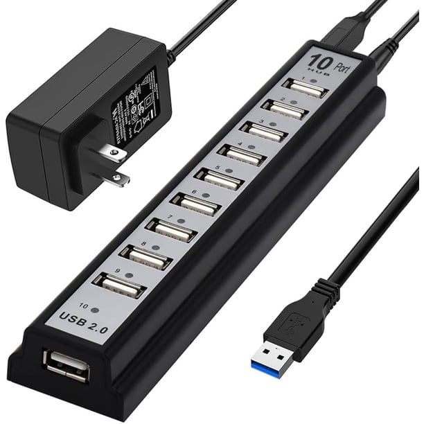 Hub USB de 10 puertos, extensor de concentrador USB, adaptador divisor de red, carga rápida/transferencia de datos con alimentación, para , PC, laptop, ratones, teclados