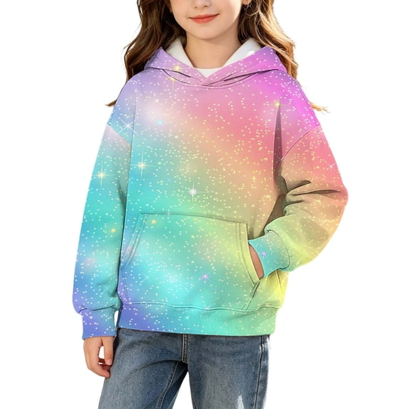 Girls Rainbow Glitter Hoodie Long Sleeve Pullover Sweatshirt with Kangaroo Pocket,Size 11 T