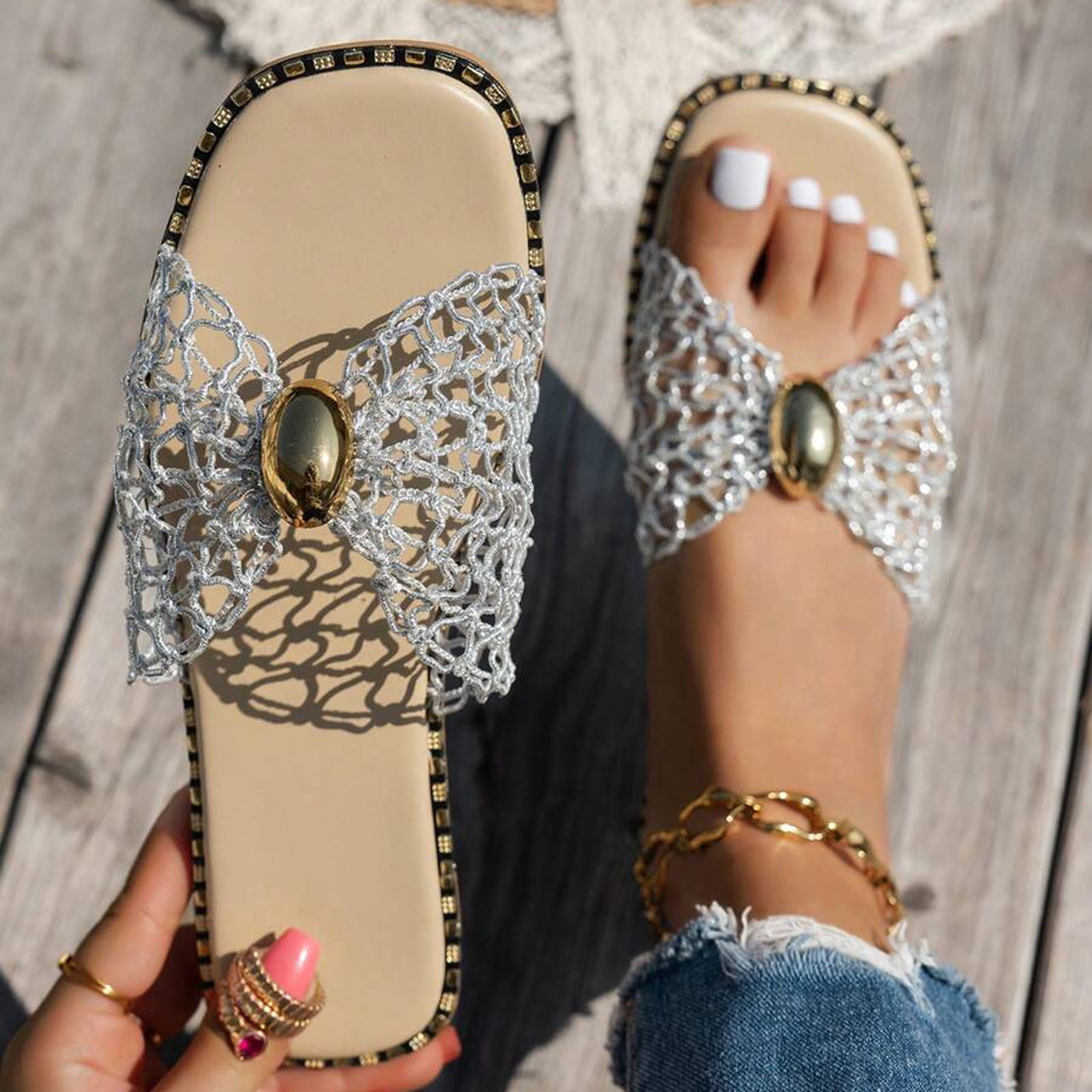 Rokment Flat Slip on Slides Sandals for Women Ladies 2026 Trendy Casual Bow Crochet Open Tow Low Heels Mules Summer Dress Slippers Vacation Silver Size 8