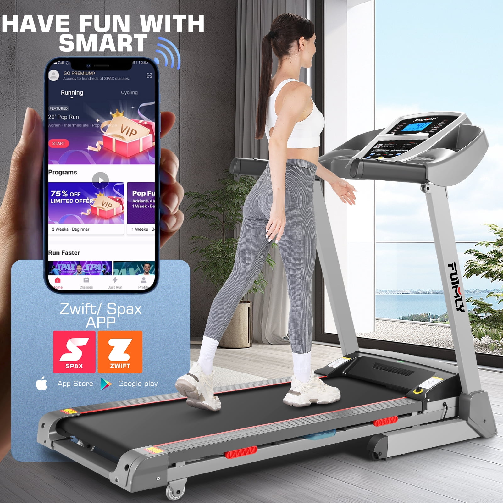 FUNMILY Folding Treadmill with 13% Auto Incline, 3.25HP Ultra-silent Motor, Speed Range of 0.6~9MPH,300lb Weight Capacity,Bluetooth Connectivity, Home&Office Fitness Equipment