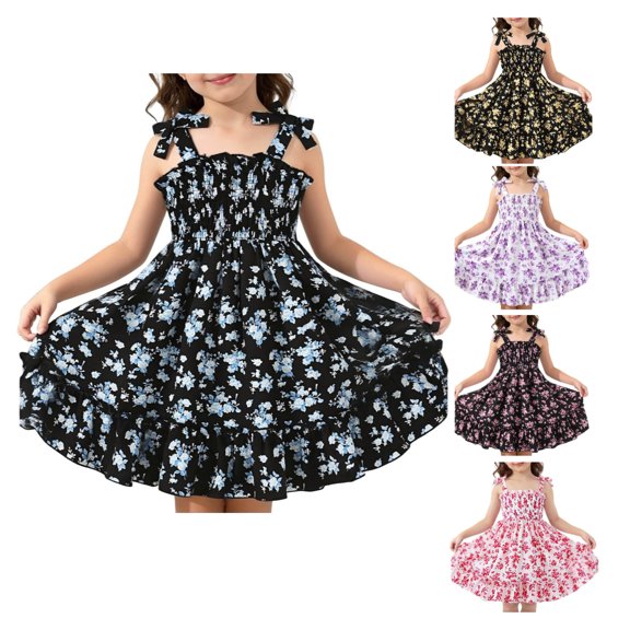 Afuyipoi Summer Dress for Girls（For 2-8）, Drawstring Bow Floral Print Ruffle Hem A-Line Dress For Girls Blue 5-6 Years