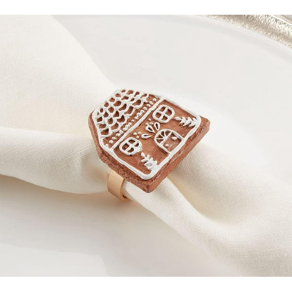 Fennco Styles Christmas Gingerbread House Design Napkin Rings, Set of 4 - Brown Festive Napkin Holders for Home Décor, Winter Festivals, Family Dinner, Banquets and Special Events