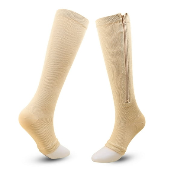 SDFGTstore Over the Calf Knee High 15-20mmHg Zipper Open Toe Compression Socks for Walking