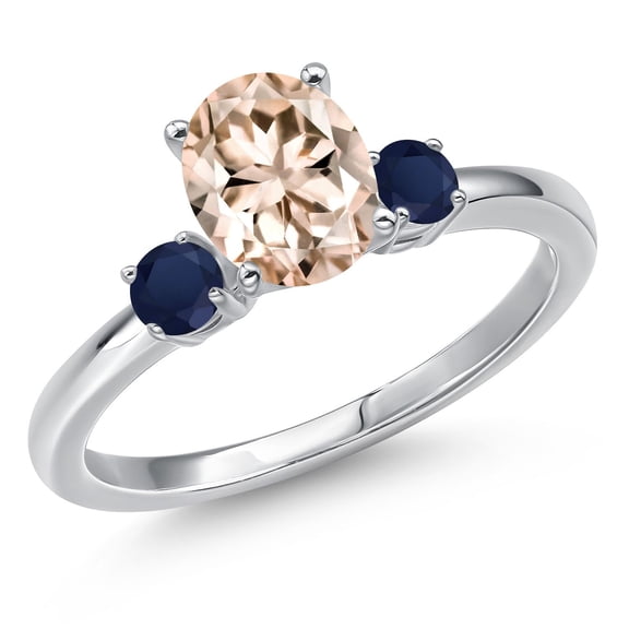 Gem Stone King 14K White Gold Peach Morganite and Blue Sapphire Engagement Ring for Women | 1.30 Cttw | Oval 8X6MM | Gemstone October Birthstone | Size 8