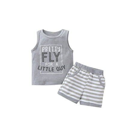

Pudcoco Baby Boys Set Sleeveless Letter Print Tops Striped Shorts Set