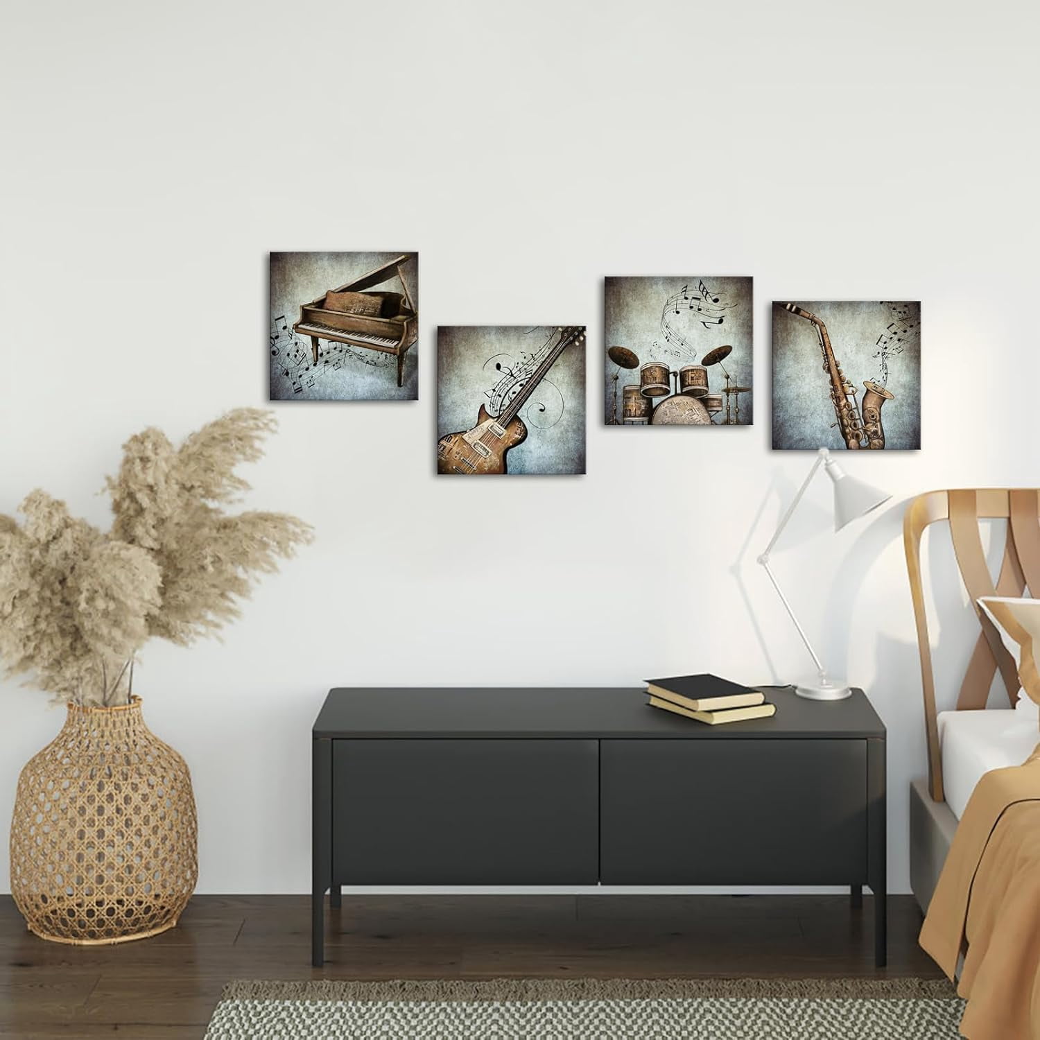 4 Panel Music Canvas Wall Art Vintage Piano Guitar Drum Set Saxophone Pictures Stretched Canvas Framed Art Abstract Music Notes Posters Artwork for Modern Home Bedroom Living Room Decor