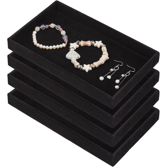 4Pcs Velvet Jewelry Trays Black Rectangle Jewelry Display Trays Stackable Earrings Rings Necklaces Holder Tray Empty Jewellery Organizer Showcase Tray