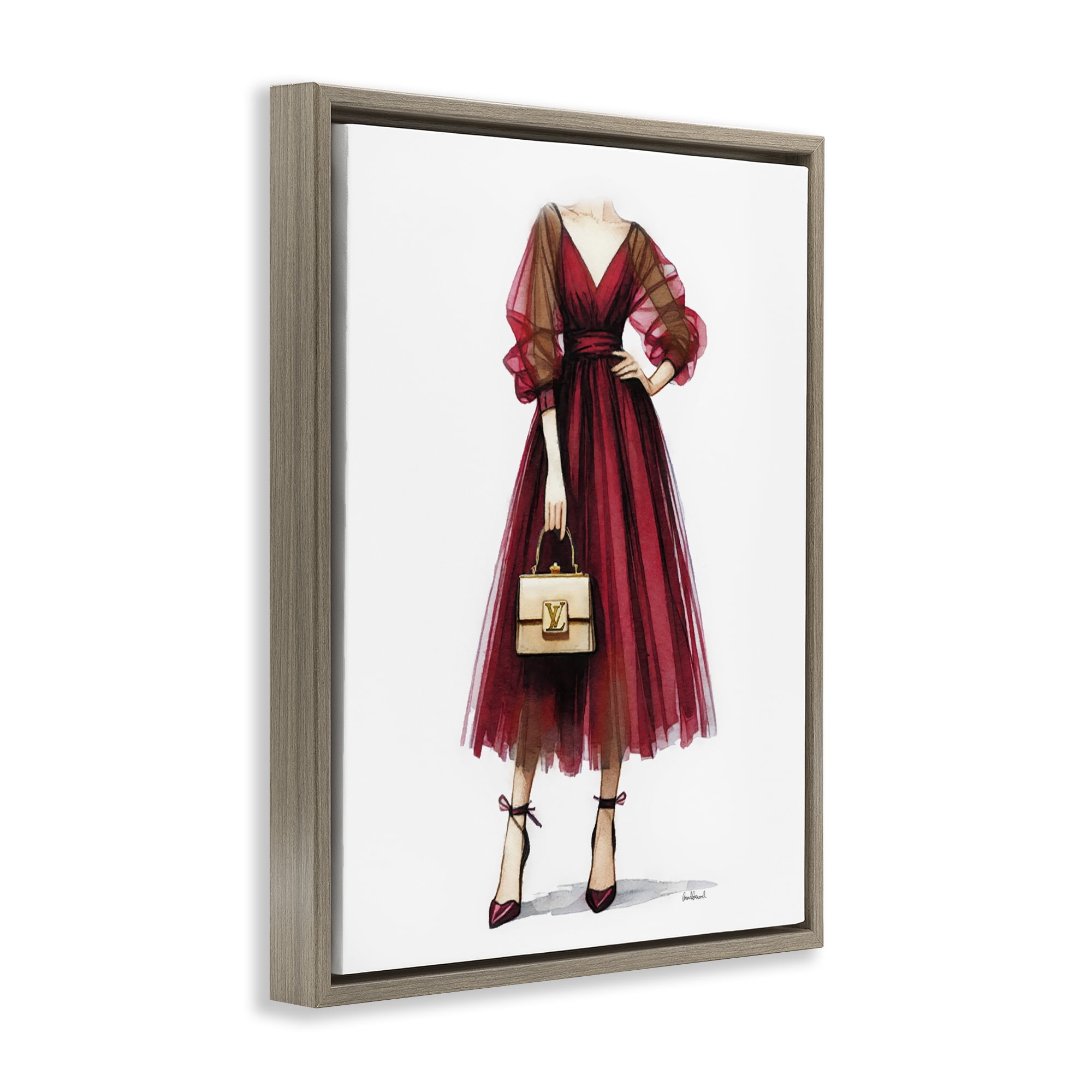 Stupell Industries Red Glam Gown Fashion Painting Brown Floater Framed Canvas Art Print Wall Art, 25 x 31