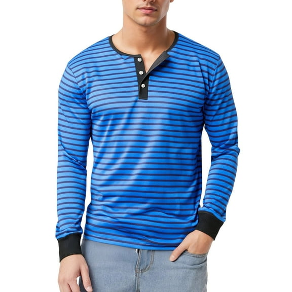 Tshirts Shirts for Men Henley Neck Long Sleeve Button Striped Tees for Casual Comfortable Slim Fit Fall Winter Fashion Mens Shirts Blue L