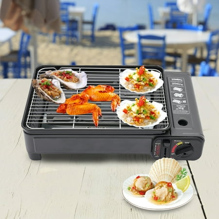 Gas BBQ Grill Stove for Outdoor Cooking Portable Butane Stove with Adjustable Flame Windproof Frame Non-Slip Feet and Complete Accessories for Camping