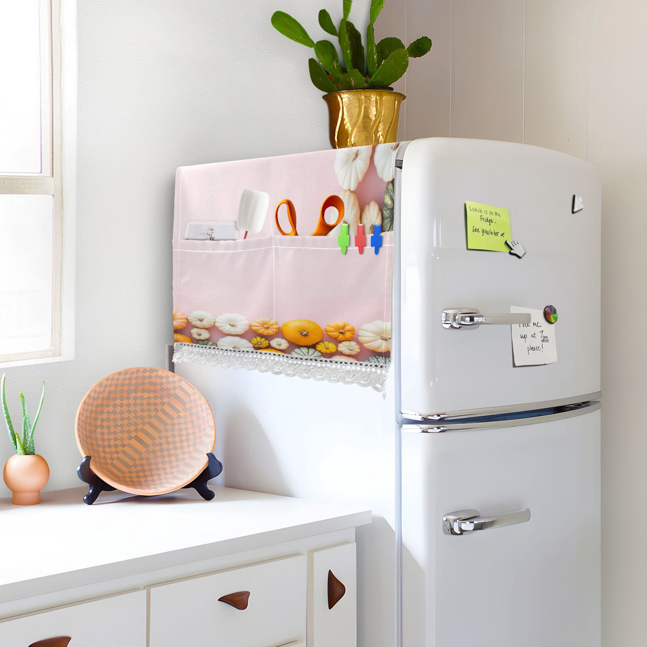 Small PumpkinsWasher and Dryer Covers Dust-Proof and Oil Resistant Fridge Cover with 4 Storage Pockets Washing Machine Top Cover for Laundry Kitchen Home 51.2 x 22 In