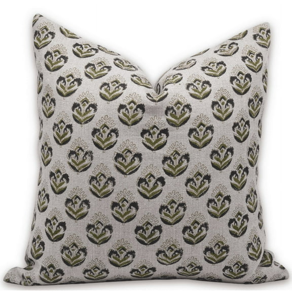 Fabdivine Block Print Throw Pillow Cover, 14x14 Inch Thick Linen Outdoor Cushion Cover, Floral Print Boho Design Green Pillow Cover for Sofa and Couch