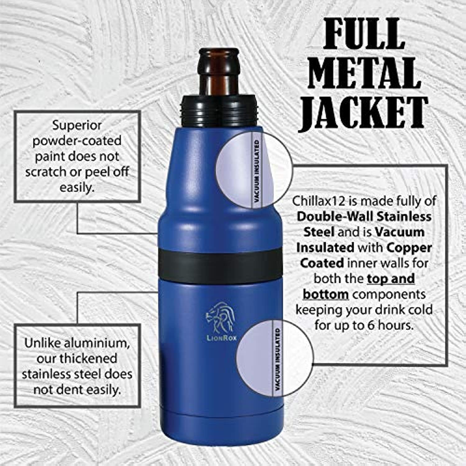 LionRox Chillax12 Beer Bottle and Can Insulator , Fully Vacuum Insulated Double Walled Stainless Steel Beer Bottle and Can Cooler , Beer Bottle and Can Holder (Navy Blue)
