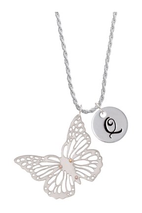 Acrylic Cut Out Butterfly Mirror Silvertone Script Initial Disc - Q - Charm Necklace, 20"+3"