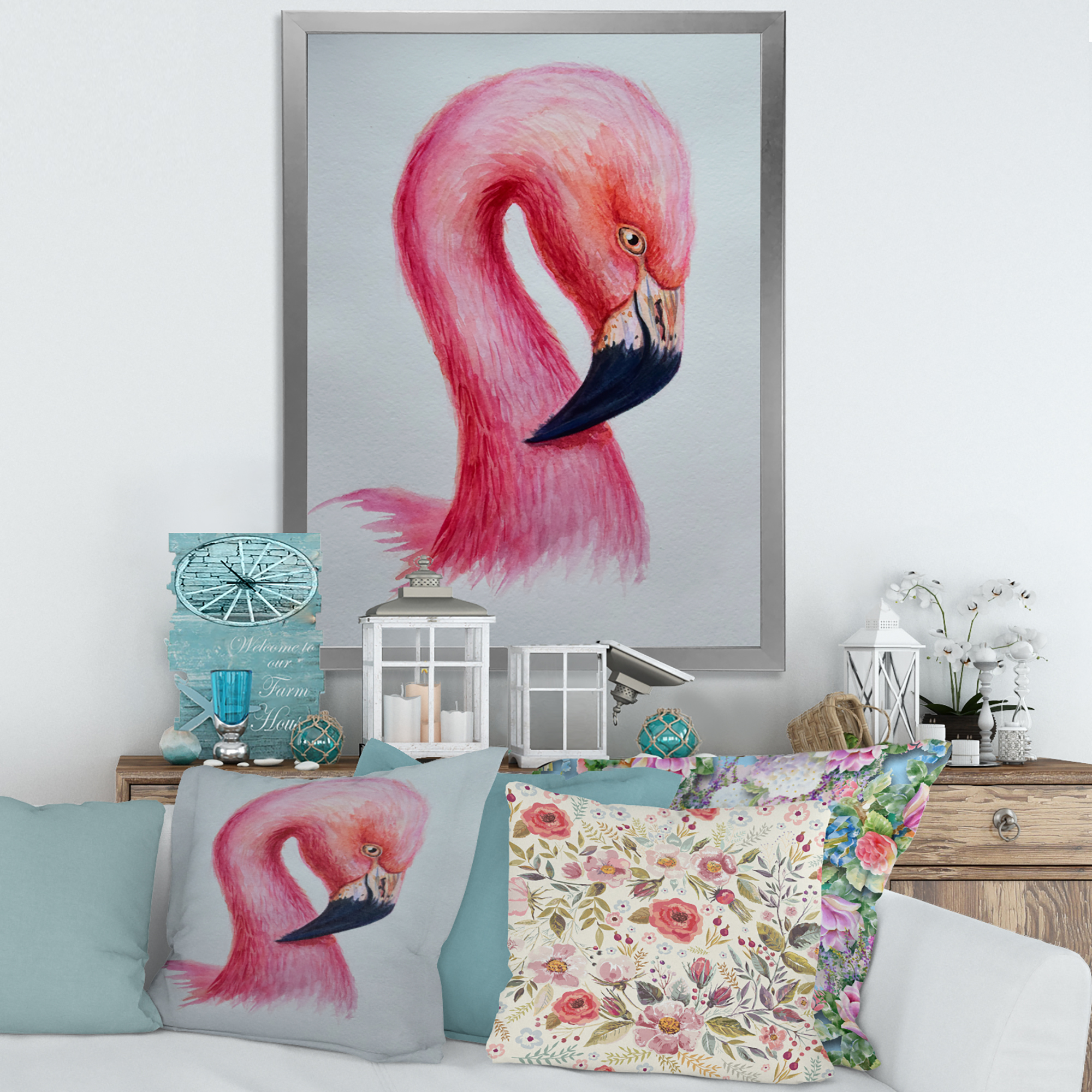 Designart 'Abstract Portrait of Pink Flamingo IV' Farmhouse Framed Art Print