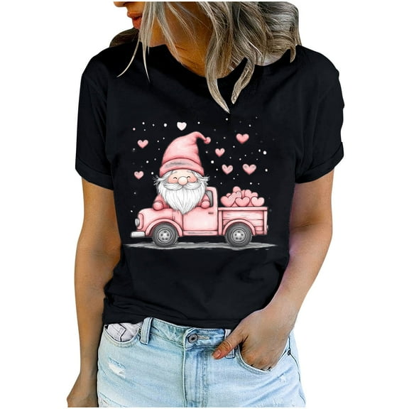 Women's Cute Valentines Day Tshirts Heart Gnome Car Graphic T Shirts Shor Sleeve Crewneck Tee Tops