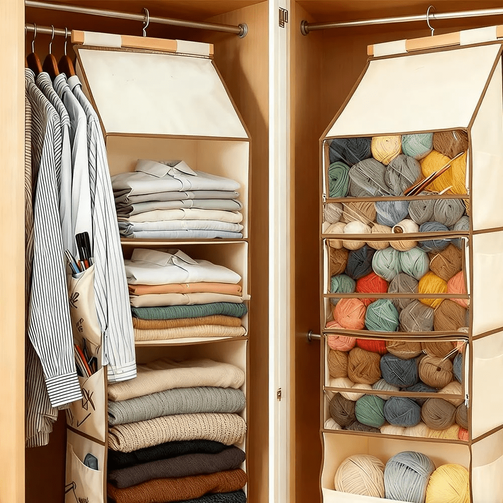 Yarn Heaven Storage Bag – Large Capacity Hanging，Large Capacity Hanging Organizer with 4 Clear Zipper Closure Compartments Pockets & 3 Side Crochet/Knitting Needles Pockets