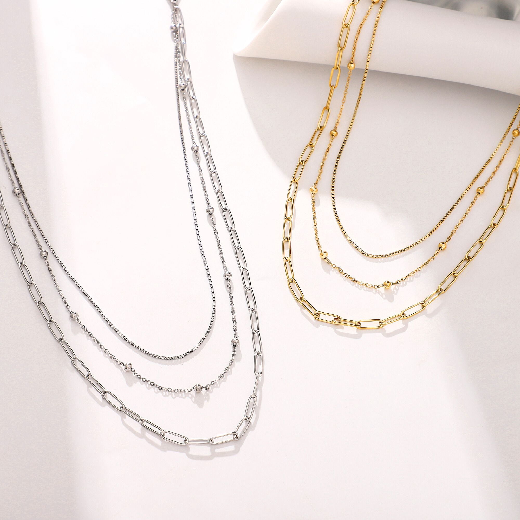 Layered Chain Necklace for Women by Ginger Lyne Gold Plated Stainless Steel Box Bead and Paperclip Chains