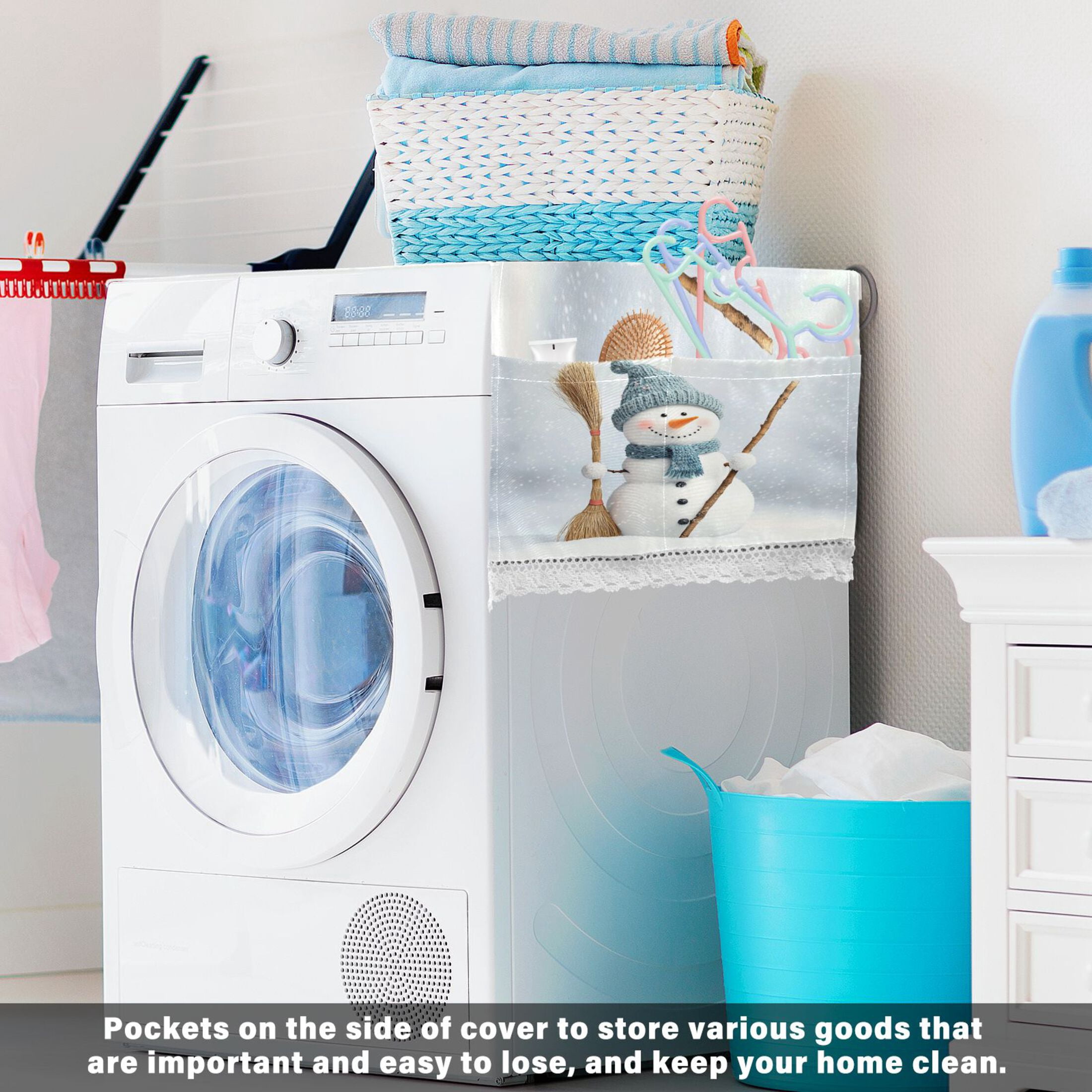 Smiling SnowmanWasher and Dryer Covers Dust-Proof and Oil Resistant Fridge Cover with 4 Storage Pockets Washing Machine Top Cover for Laundry Kitchen Home 51.2 x 22 In