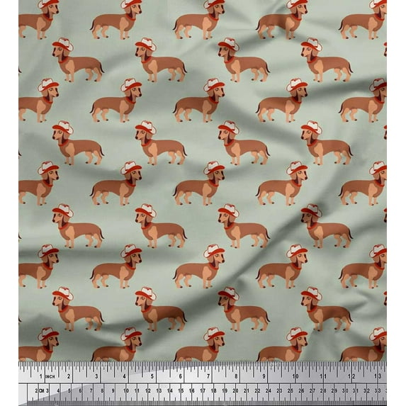 Soimoi Poly Georgette Fabric Hat & Dachshund Dog Decor Fabric Printed Yard 52 Inch Wide
