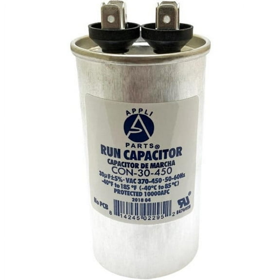 Appli Parts Run Capacitor for ac 30 Mfd uF (microfarads) 370 VAC or 450 VAC CBB65 Round Universal fit for hvac and other applications 3-7/8in High 1-3/4in Wide CON-30-450