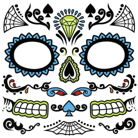 Day Of The Dead Face Sugar Skull Temporary Tattoo Dia De Los Muertos Costume