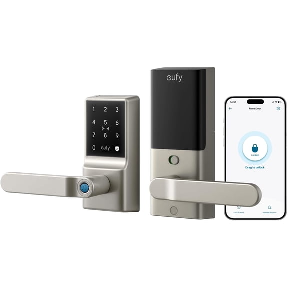 eufy Smart Lock C33, Keypad Door Lock with Handle, Fingerprint Door Knob, Keyless Entry Door Lock for Front Door and Bedrooms, Electronic Deadbolt, Wi-Fi, Remote App Control, IP53 Waterproof, Nickel