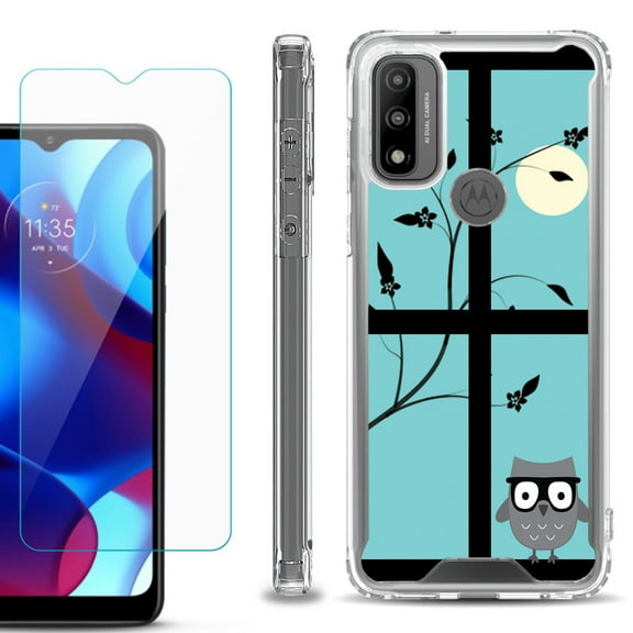 Shockproof Bumper Phone Case for Motorola Moto G Pure, with Tempered Glass Screen Protector, by OneToughShield ® - Moon Owl